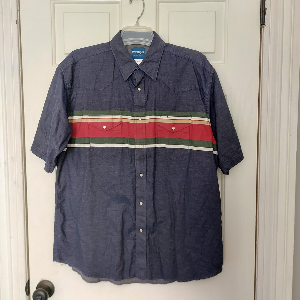 Wrangler Western Shirt Mens XL Blue Short Sleeve Snap Stripe Cotton 7564699